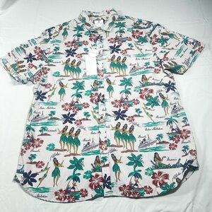 Denim & Flower Poplin Aloha Shirt - Tropical Hula Hawaiian Print - Size XL